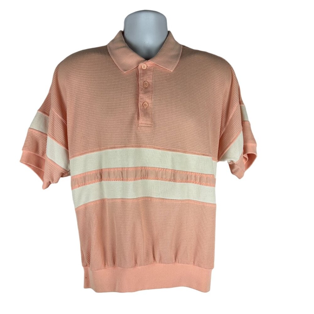 Vintage Envoy Peach & White Striped Short Sleeve Polo Shirt Size M